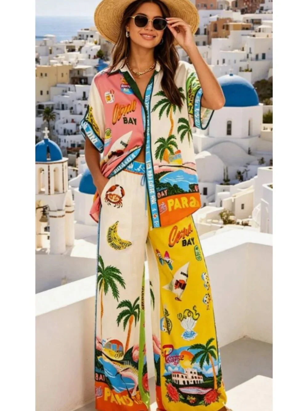 Tropical Resort 2-Piece Matching Set | Colorful Vacation Print | Wide Leg Pants
